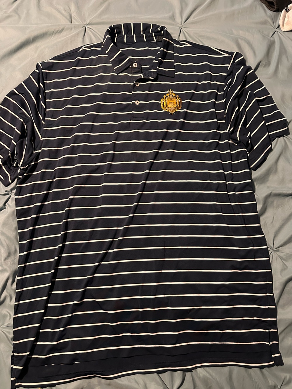 US Naval Academy Navy Blur Striped Polo with Gold Crest Embroidery
